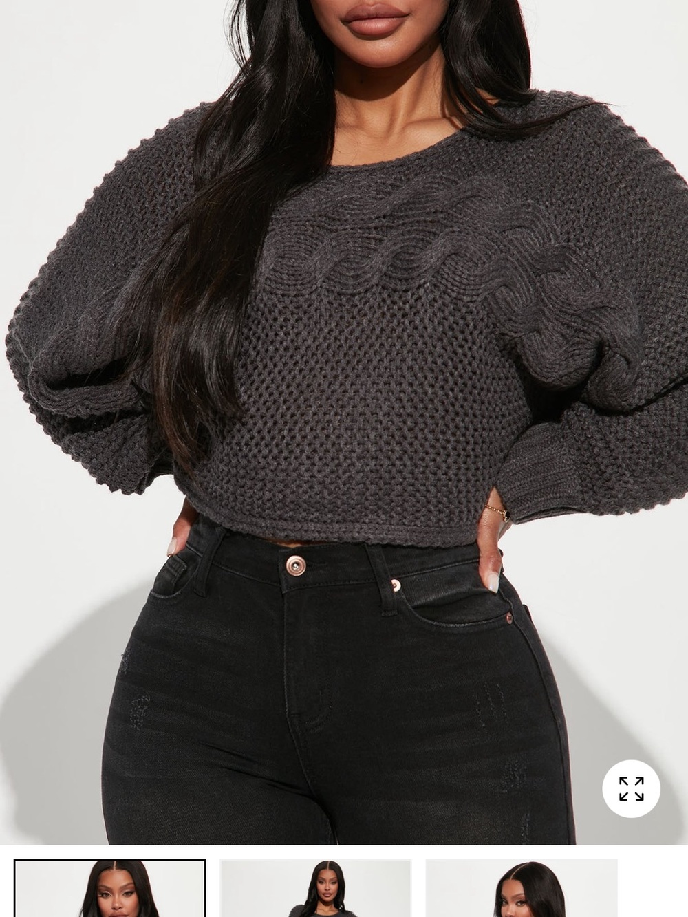 Reflections Scoop Neck Charcoal Cable-Knit Cropped Sweater